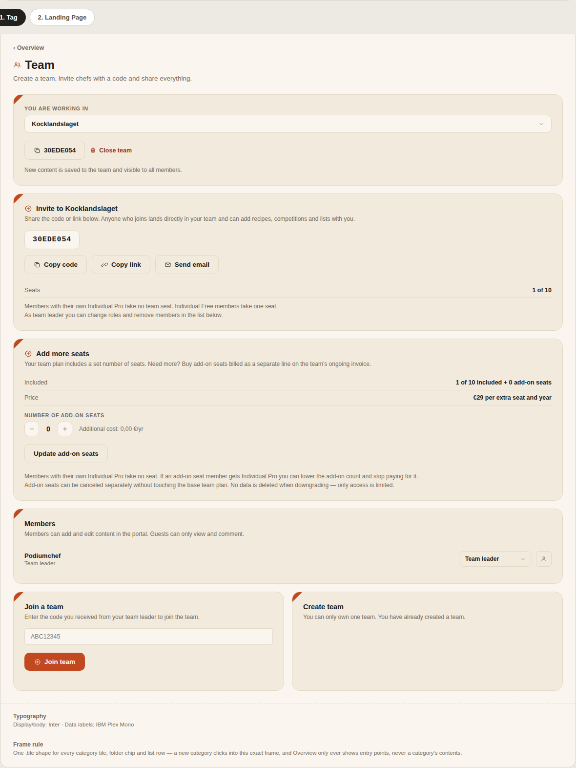 Podiumchef team view with shared recipes and lists