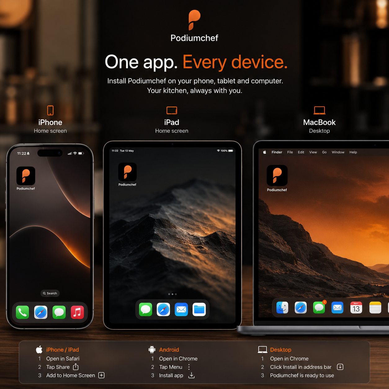 Podiumchef on iPhone, iPad and MacBook