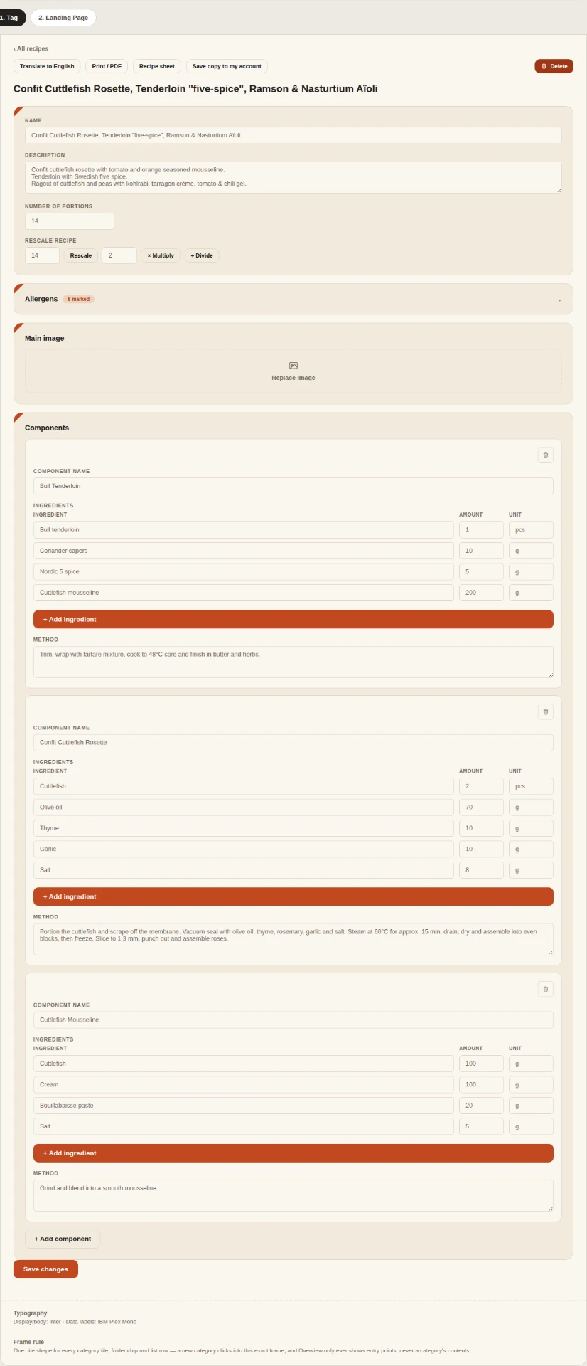 Podiumchef recipe view with ingredients, scaling and allergens